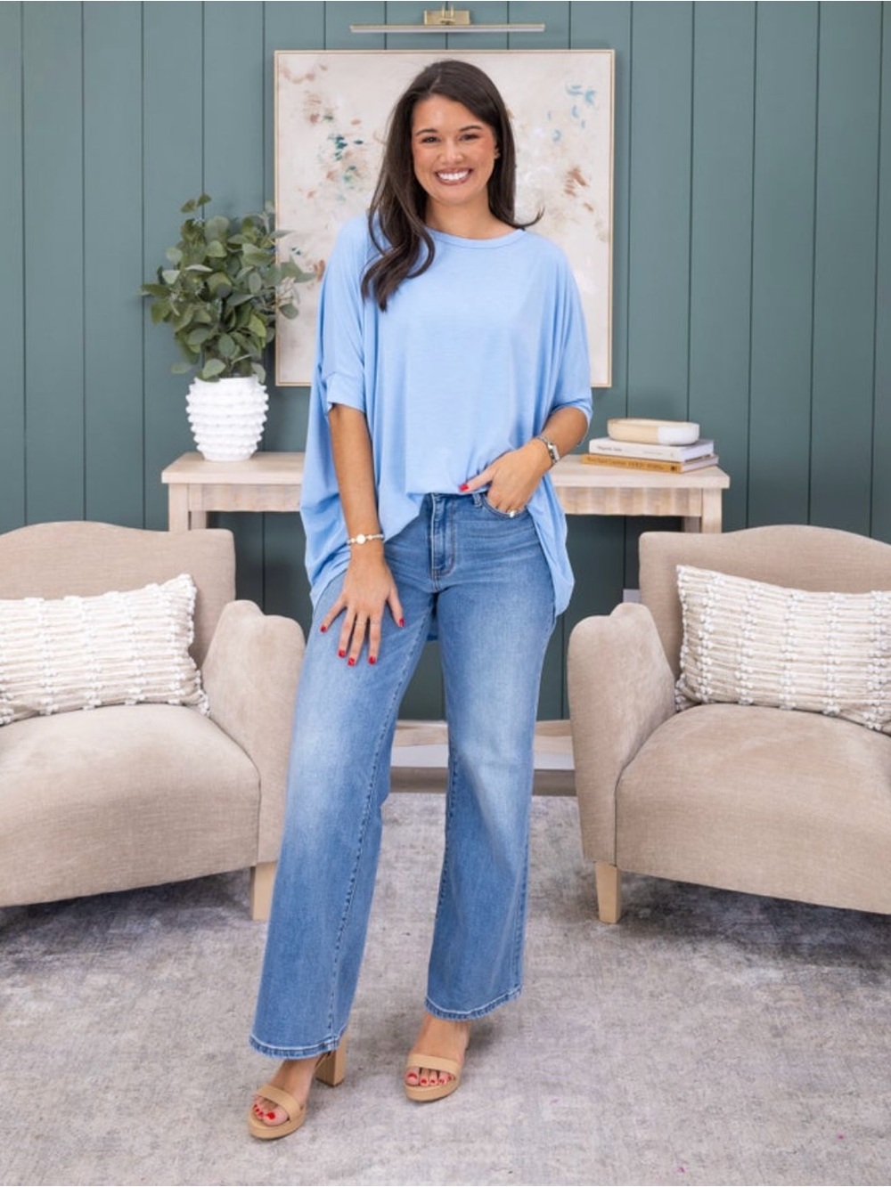 Dear Scarlett Solid Wrinkle Free "Most Loved. Blue Size Sm